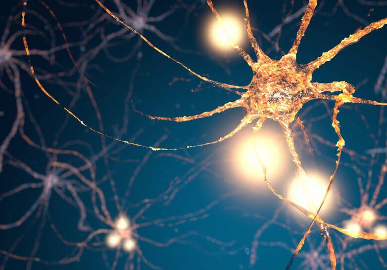 Glowing synapse in human neural system network. Full CGI showing active neuron cells.