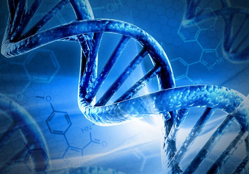 Blue DNA detail background with selective focus.